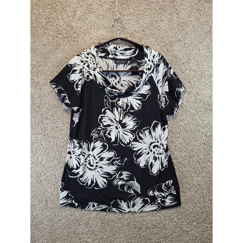 Axcess Blouse Top Women's XL Black White Floral Stretch Short Sleeve Cowl Neck
